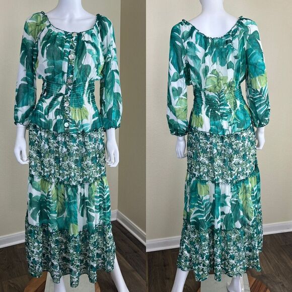 Fig and Flower Women's Size M Green Floral Sheer Smocked Maxi Tiered Dress Boho - Picture 3 of 16